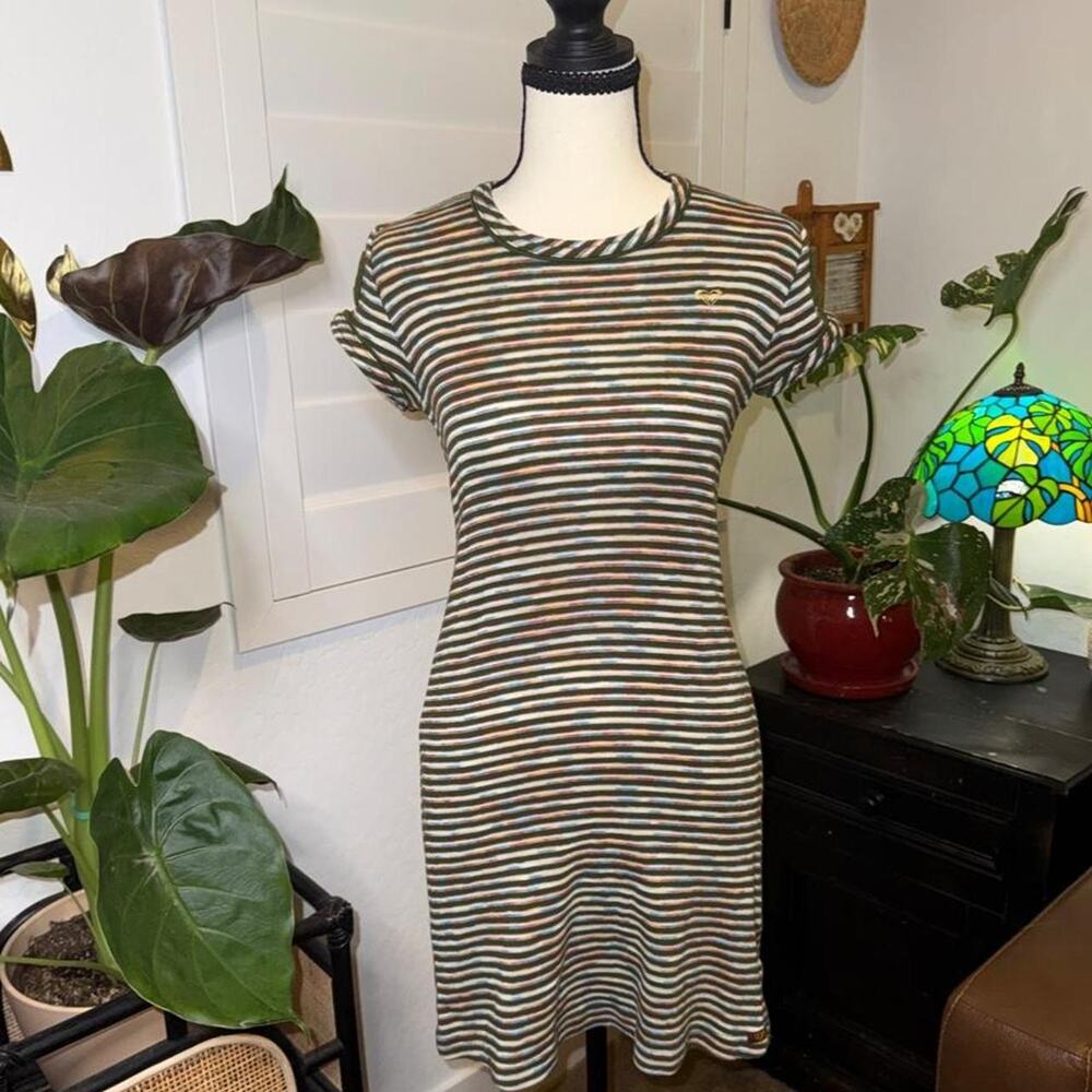 Vintage 90s Roxy Quiksilver Striped T-Shirt Mini Dress S Made in USA